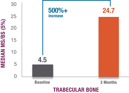 Change in mineralizing surface to bone surface of 5% in trabecular bone at baseline (4.5%) and at 3 months (24.7%) representing a 500%+ increase in trabecular bone