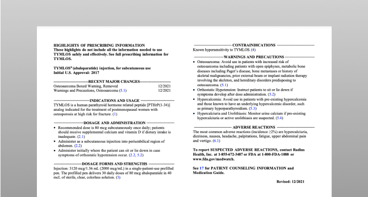 Preview of TYMLOS Prescribing Information