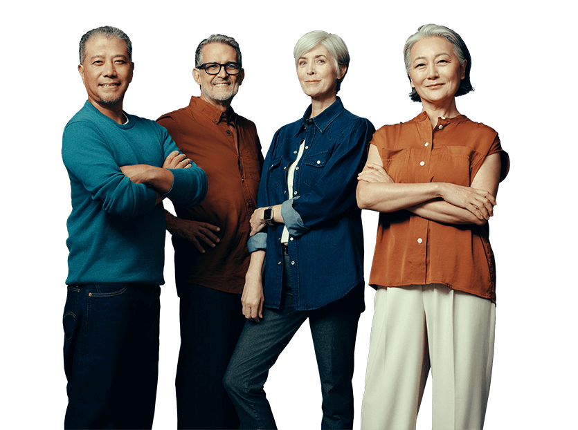 Four middle-aged people standing in different poses and smiling at the camera. Ready to start an osteoporosis injection. Not actual patients.